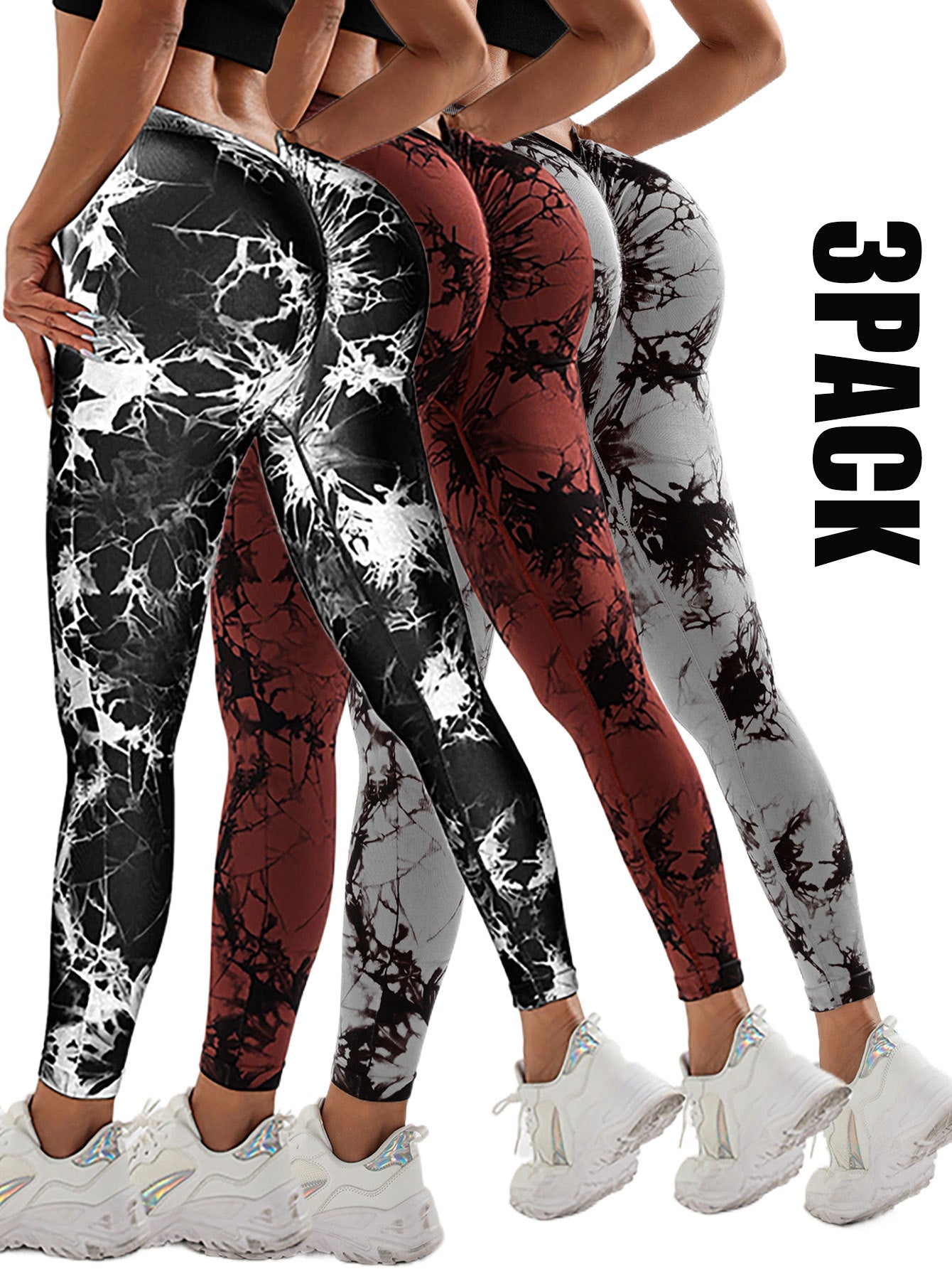 3 Pack Women's Scrunch Workout Leggings, High Waisted Butt Lifting Tie-dye V Back Waist Seamless Gym Yoga Leggings, Workout Leggings For Women Jada Leggings